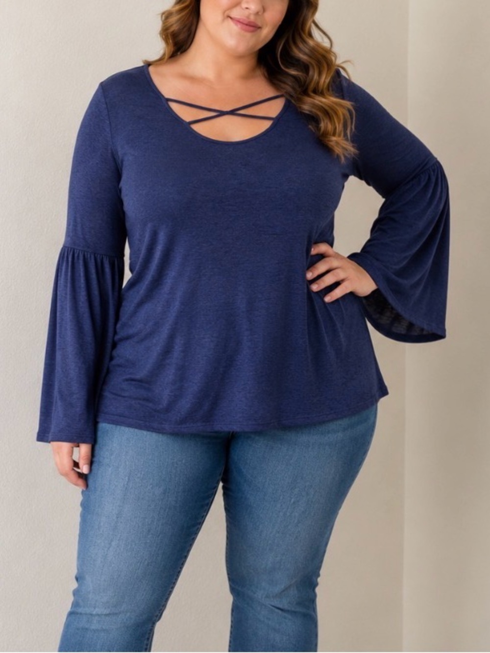 Tribal Navy Long-Sleeve Top with Crisscross Neckline lightweight sweater SZ LG